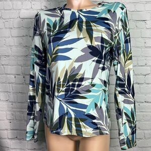 Hang Ten UPF 50+ Tropical Leaf Print Long Sleeve Athletic Top Blue Green White